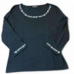 Pointelle Black Cotton Long Sleeve Rhinestone Trim Top